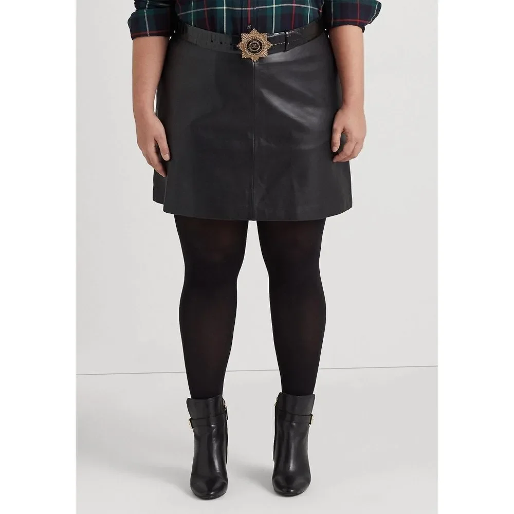 New! RALPH LAUREN Plus Size Lamb Leather Pencil Mini Skirt Black 14W Miniskirt